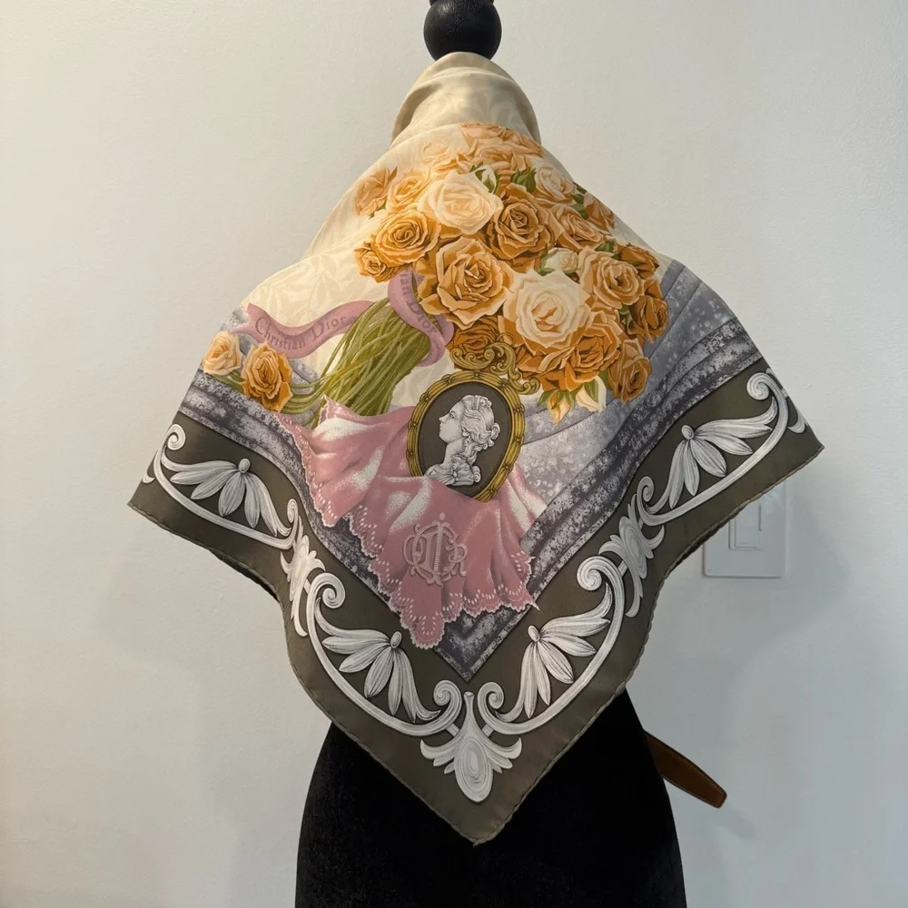 Authentic Christian Dior Silk Scarf with Orange and Gray Accents - Picture 8 of 10